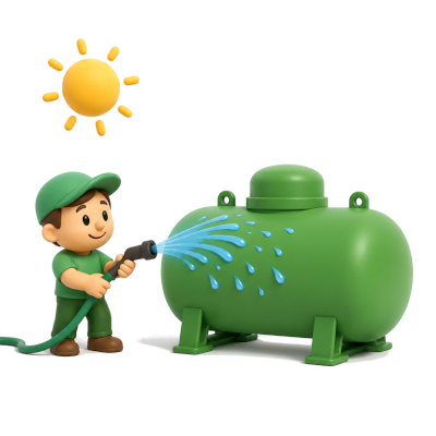 Personnage arrosant une citerne de gaz verte sous un soleil intense.