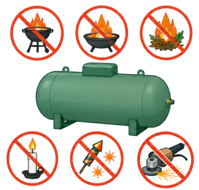 Citerne de gaz entourée de pictogrammes indiquant les sources de flamme ou de chaleur à éviter : barbecue, brasero, feu, bougie, pétards et étincelles.