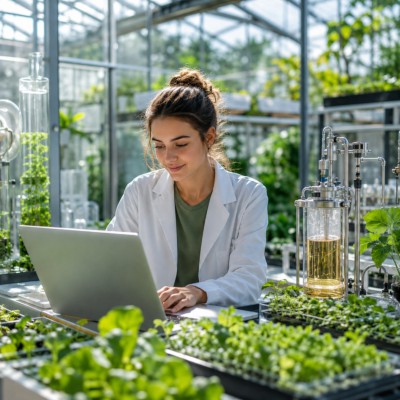 Jeune chercheuse travaillant sur un laptop dans une serre lumineuse, entourée de jeunes plantes vertes et d’un dispositif contenant un liquide jaune évoquant l’innovation autour du bio-propane.