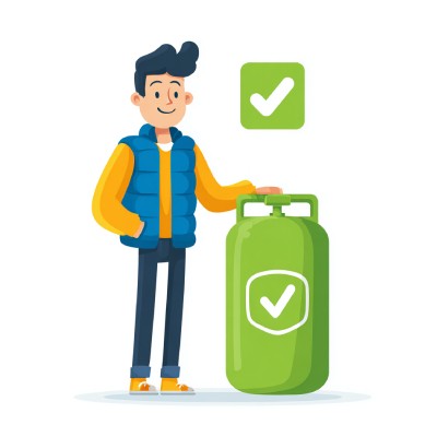 Illustration vectorielle d’un personnage souriant debout à côté d’une bonbonne de gaz verte, posant une main dessus. La bonbonne porte un symbole de sécurité avec un check mark blanc. Un autre check mark vert flotte au-dessus de la scène, renforçant l’idé