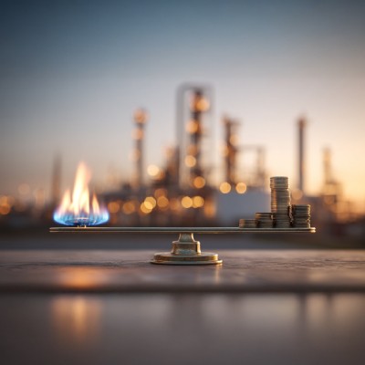 Balance moderne en équilibre avec une flamme bleue d’un côté et des pièces d’euros de l’autre, devant une raffinerie au coucher du soleil, symbole de la stabilité du prix du propane