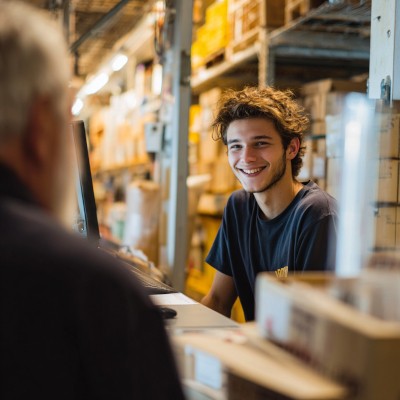 Jeune employé souriant derrière un comptoir de drive-in, échangeant avec un client. En arrière-plan, des rayonnages remplis de cartons et de marchandises dans un espace de stockage.