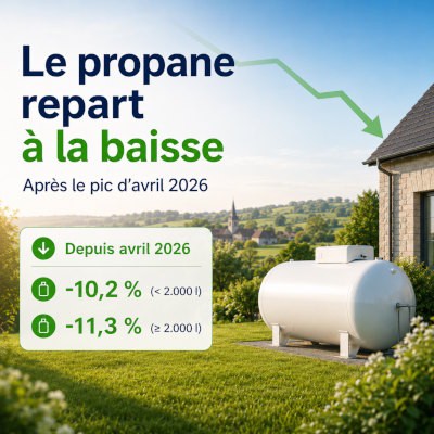 Image carrée promotionnelle iGas annonçant que le propane repart à la baisse après le pic d’avril 2026. On y voit une citerne de propane blanche près d’une maison, dans un paysage verdoyant et lumineux. Un encadré indique les baisses depuis avril 2026 : -