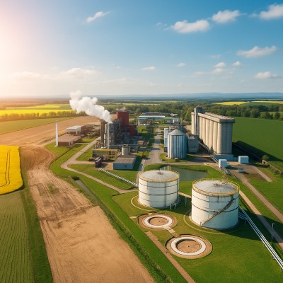 Vue aérienne d’une installation de production d’énergie propre entourée de champs verdoyants et de cultures jaunes, sous un ciel bleu lumineux. À l’avant-plan, deux grands réservoirs cylindriques blancs se détachent sur un paysage agricole bien ordonné, é