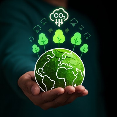 Illustration de la décarbonation : une main tient la Terre verte avec des arbres et un symbole de CO₂ en réduction.