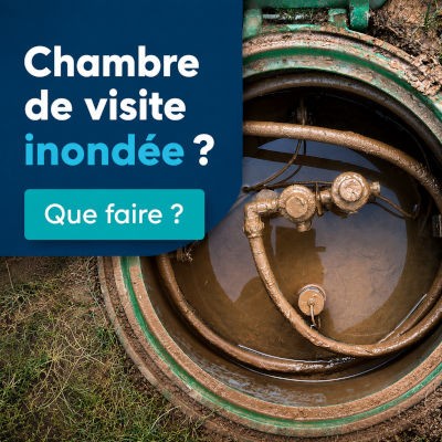 Vignette graphique pour un article iGas montrant une chambre de visite inondée d’une citerne de gaz enterrée. À droite, on voit l’intérieur de la chambre partiellement rempli d’eau boueuse avec des éléments techniques visibles. À gauche, un encadré bleu a