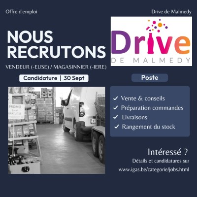 Gesucht: Verkäufer/Lagerarbeiter für Drive Malmedy. Das Bild zeigt das Logo, einen Lieferwagen und einen Überblick über die Aufgaben.